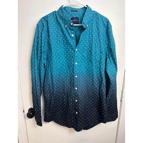 AMERICAN EAGLE Seriously Soft Oxford Collar Button Shirt T L Teal Navy Ombr#0872 - Picture 1 of 8